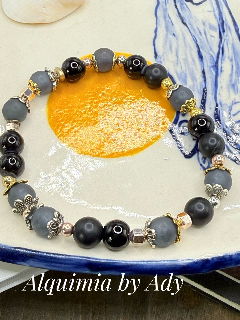 Black beluga onyx and  Gold Bracelet beaded